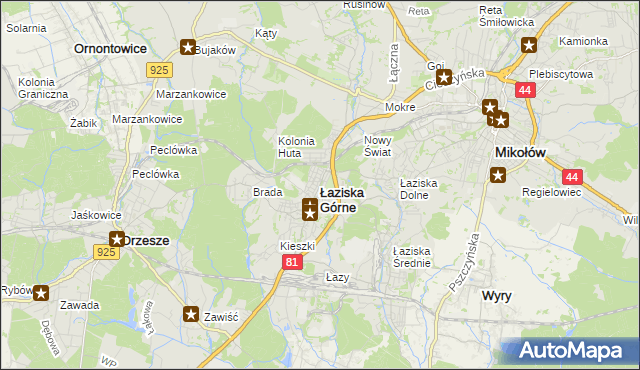 mapa Łaziska Górne, Łaziska Górne na mapie Targeo