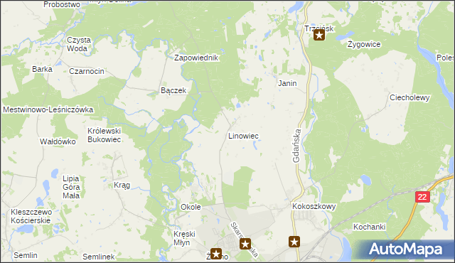 mapa Linowiec gmina Starogard Gdański, Linowiec gmina Starogard Gdański na mapie Targeo