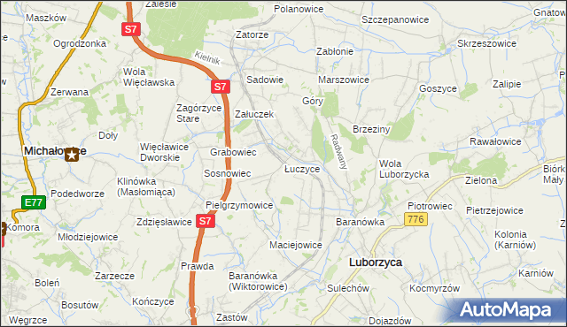 mapa Łuczyce gmina Kocmyrzów-Luborzyca, Łuczyce gmina Kocmyrzów-Luborzyca na mapie Targeo
