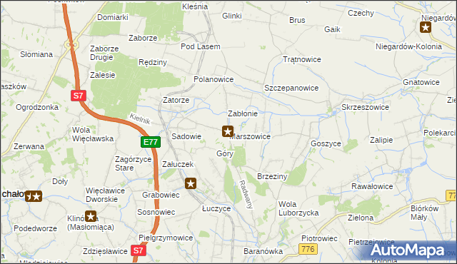 mapa Marszowice gmina Kocmyrzów-Luborzyca, Marszowice gmina Kocmyrzów-Luborzyca na mapie Targeo