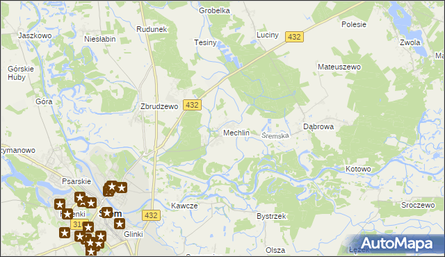 mapa Mechlin gmina Śrem, Mechlin gmina Śrem na mapie Targeo