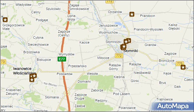 mapa Miłocice gmina Słomniki, Miłocice gmina Słomniki na mapie Targeo