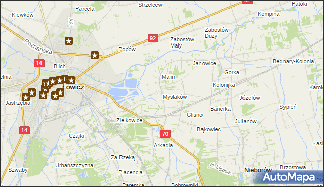 mapa Mysłaków gmina Nieborów, Mysłaków gmina Nieborów na mapie Targeo