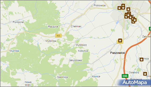mapa Myślibórz gmina Paszowice, Myślibórz gmina Paszowice na mapie Targeo