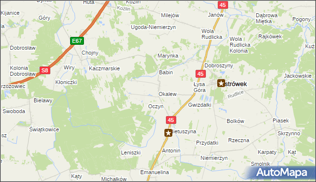 mapa Okalew gmina Ostrówek, Okalew gmina Ostrówek na mapie Targeo