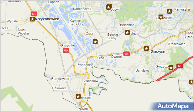 mapa Olza gmina Gorzyce, Olza gmina Gorzyce na mapie Targeo