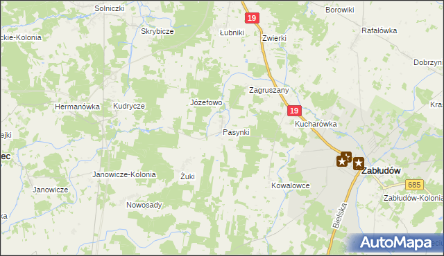 mapa Pasynki gmina Zabłudów, Pasynki gmina Zabłudów na mapie Targeo