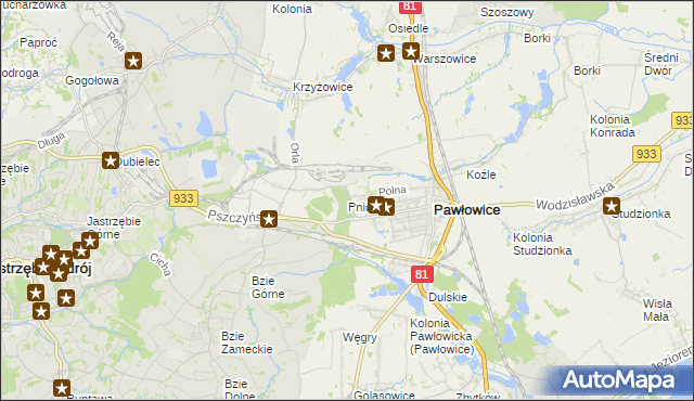 mapa Pniówek gmina Pawłowice, Pniówek gmina Pawłowice na mapie Targeo