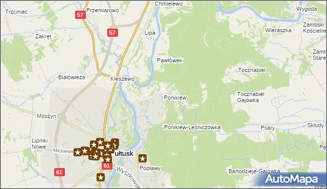 mapa Ponikiew gmina Pułtusk, Ponikiew gmina Pułtusk na mapie Targeo