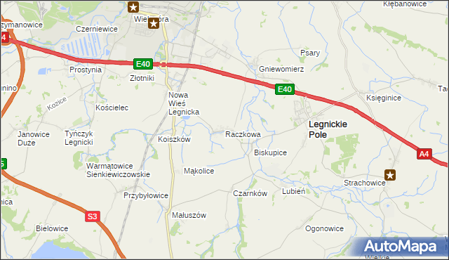 mapa Raczkowa gmina Legnickie Pole, Raczkowa gmina Legnickie Pole na mapie Targeo