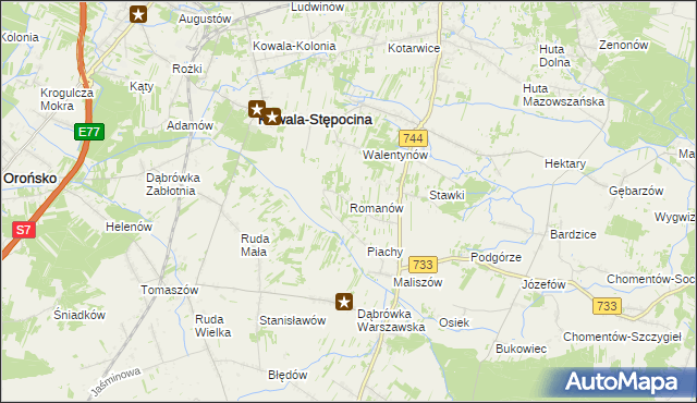 mapa Romanów gmina Kowala, Romanów gmina Kowala na mapie Targeo