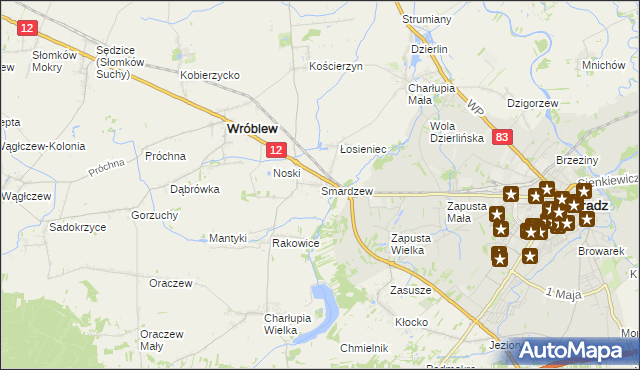 mapa Smardzew gmina Wróblew, Smardzew gmina Wróblew na mapie Targeo