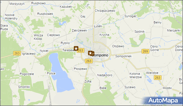 mapa Sompolno, Sompolno na mapie Targeo