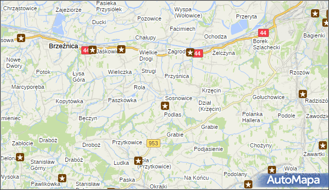 mapa Sosnowice gmina Brzeźnica, Sosnowice gmina Brzeźnica na mapie Targeo