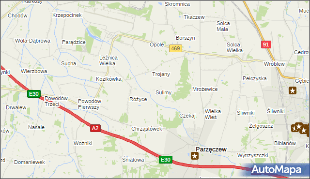 mapa Sulimy gmina Parzęczew, Sulimy gmina Parzęczew na mapie Targeo