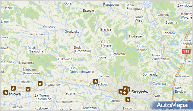 mapa Tropie gmina Strzyżów, Tropie gmina Strzyżów na mapie Targeo