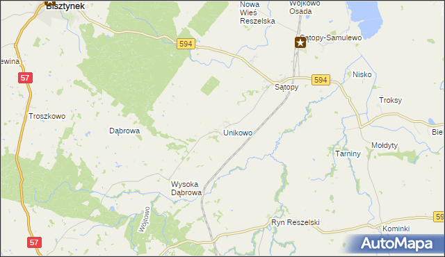 mapa Unikowo gmina Bisztynek, Unikowo gmina Bisztynek na mapie Targeo