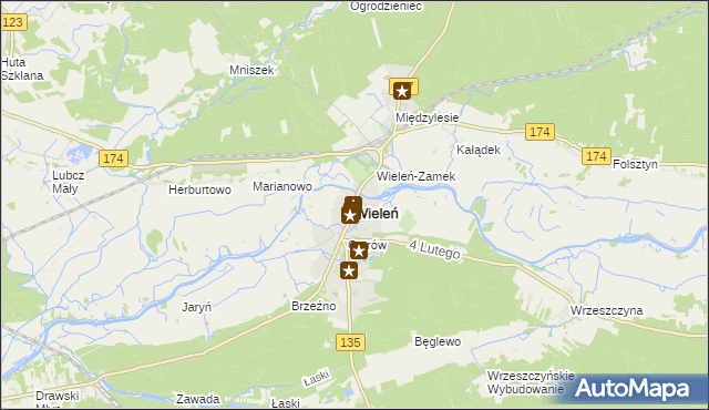 mapa Wieleń powiat czarnkowsko-trzcianecki, Wieleń powiat czarnkowsko-trzcianecki na mapie Targeo