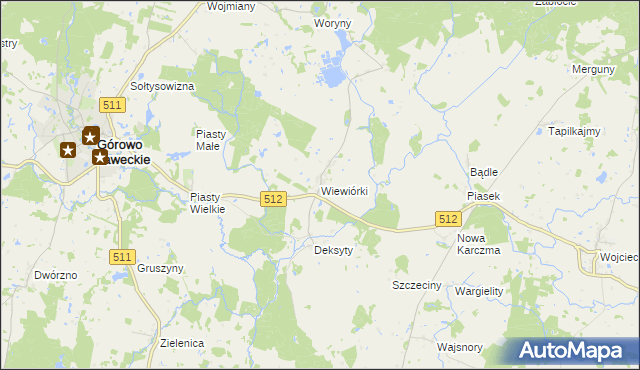 mapa Wiewiórki gmina Górowo Iławeckie, Wiewiórki gmina Górowo Iławeckie na mapie Targeo