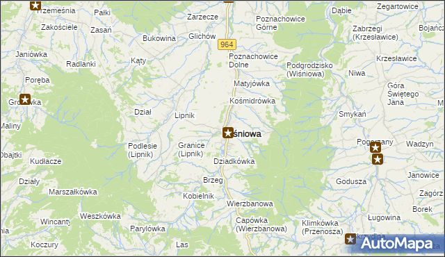 mapa Wiśniowa powiat myślenicki, Wiśniowa powiat myślenicki na mapie Targeo
