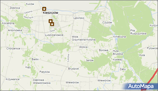 mapa Wolica gmina Kleszczów, Wolica gmina Kleszczów na mapie Targeo