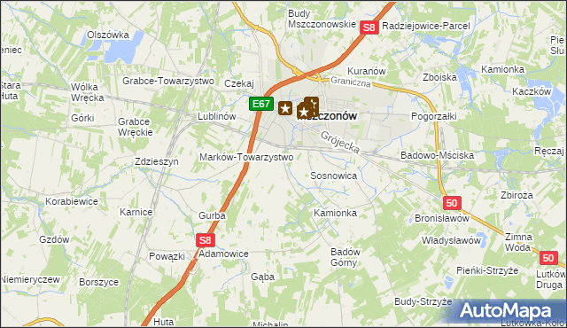 mapa Wymysłów gmina Mszczonów, Wymysłów gmina Mszczonów na mapie Targeo