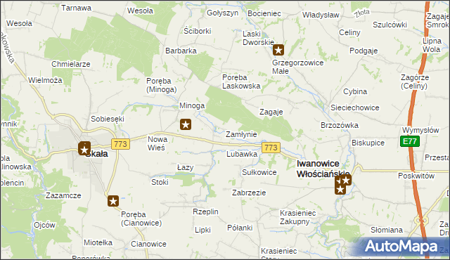 mapa Zamłynie gmina Skała, Zamłynie gmina Skała na mapie Targeo