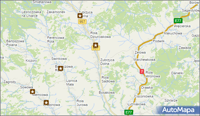 mapa Zubrzyca Dolna, Zubrzyca Dolna na mapie Targeo