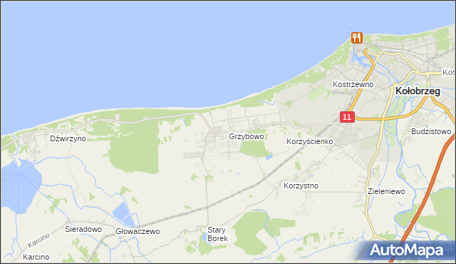 mapa Grzybowo gmina Kołobrzeg, Grzybowo gmina Kołobrzeg na mapie Targeo