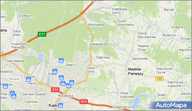 mapa Dąbrowa gmina Masłów, Dąbrowa gmina Masłów na mapie Targeo