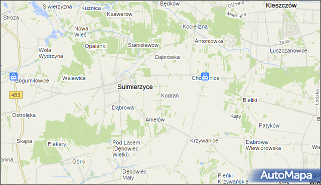 mapa Kodrań gmina Sulmierzyce, Kodrań gmina Sulmierzyce na mapie Targeo