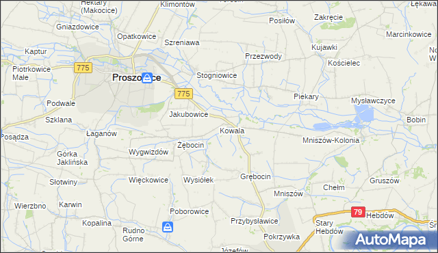 mapa Kowala gmina Proszowice, Kowala gmina Proszowice na mapie Targeo