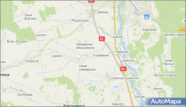 mapa Koziegłowy gmina Pokrzywnica, Koziegłowy gmina Pokrzywnica na mapie Targeo