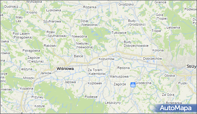 mapa Kożuchów gmina Wiśniowa, Kożuchów gmina Wiśniowa na mapie Targeo