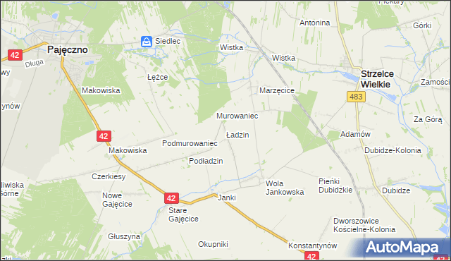 mapa Ładzin gmina Pajęczno, Ładzin gmina Pajęczno na mapie Targeo