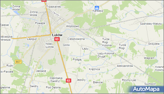 mapa Łazy gmina Łuków, Łazy gmina Łuków na mapie Targeo