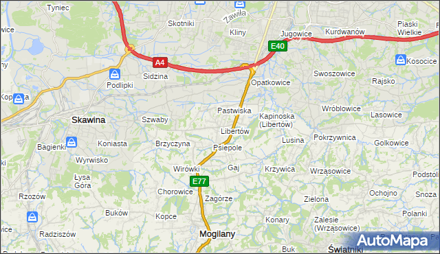 mapa Libertów gmina Mogilany, Libertów gmina Mogilany na mapie Targeo