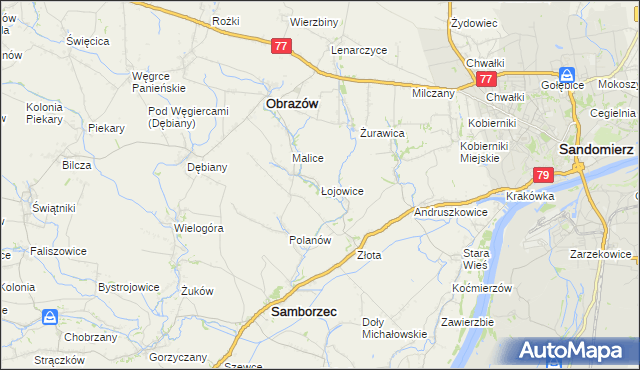 mapa Łojowice gmina Samborzec, Łojowice gmina Samborzec na mapie Targeo