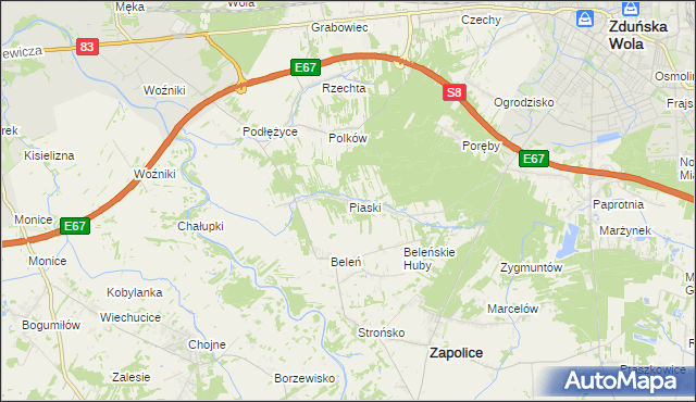 mapa Piaski gmina Zduńska Wola, Piaski gmina Zduńska Wola na mapie Targeo