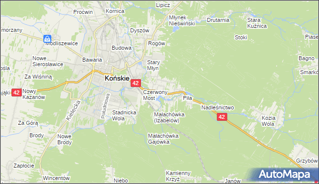 mapa Pomyków gmina Końskie, Pomyków gmina Końskie na mapie Targeo