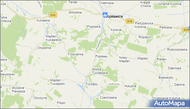 mapa Popławy gmina Wojsławice, Popławy gmina Wojsławice na mapie Targeo
