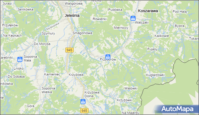 mapa Przyborów gmina Jeleśnia, Przyborów gmina Jeleśnia na mapie Targeo