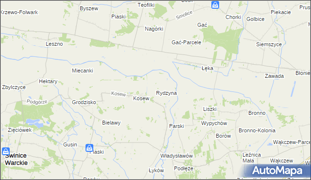 mapa Rydzyna gmina Świnice Warckie, Rydzyna gmina Świnice Warckie na mapie Targeo