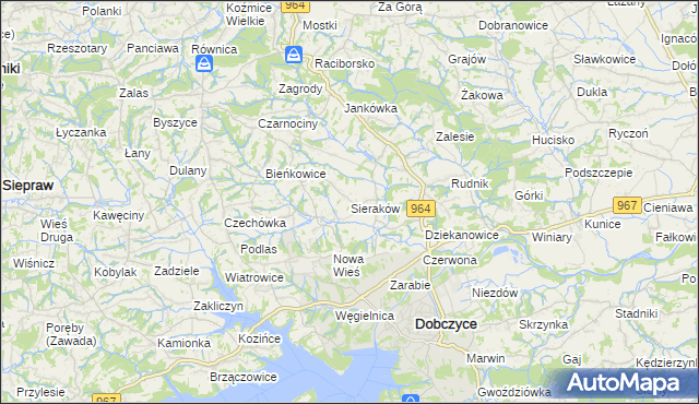 mapa Sieraków gmina Dobczyce, Sieraków gmina Dobczyce na mapie Targeo