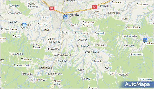 mapa Sułkowice gmina Andrychów, Sułkowice gmina Andrychów na mapie Targeo