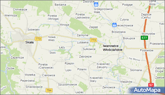 mapa Sułkowice gmina Iwanowice, Sułkowice gmina Iwanowice na mapie Targeo