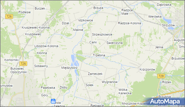 mapa Trzebina gmina Drzewica, Trzebina gmina Drzewica na mapie Targeo