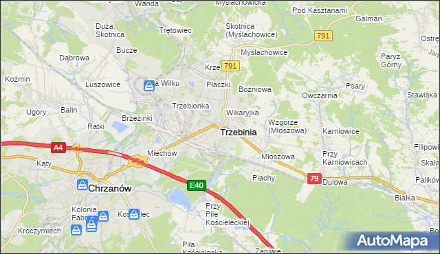mapa Trzebinia powiat chrzanowski, Trzebinia powiat chrzanowski na mapie Targeo
