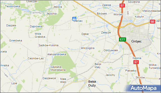 mapa Wilczogóra gmina Belsk Duży, Wilczogóra gmina Belsk Duży na mapie Targeo