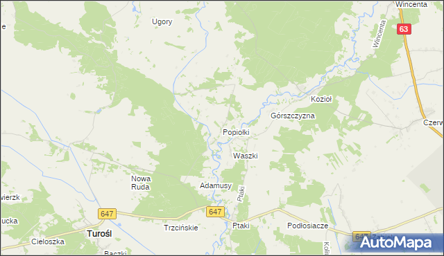 mapa Popiołki gmina Turośl, Popiołki gmina Turośl na mapie Targeo